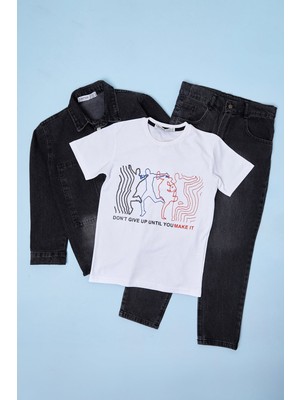 FullaModa Düğmeli Polo Yaka  Erkek Çocuk Jean 3 Lü Takım