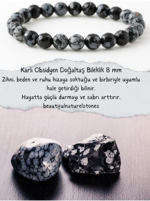 UltraMint Karlı Obsidyen Doğaltaş Bileklik, 8mm, Taş Hediyeli, Pozitif Enerji