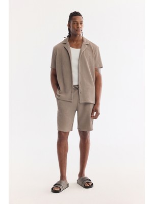 AVVA Erkek Vizon Beli Lastikli Bağcıklı Yandan Cepli Jakarlı Örme Şort A61Y3640