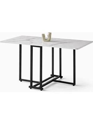 Beyaz Mermer Portatif Katlanır Yemek Masası – Metal Ayaklı