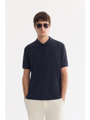 AVVA Erkek Lacivert Kıvrılmaz Polo Yaka Fermuarlı Regular Fit T-Shirt A61Y1090
