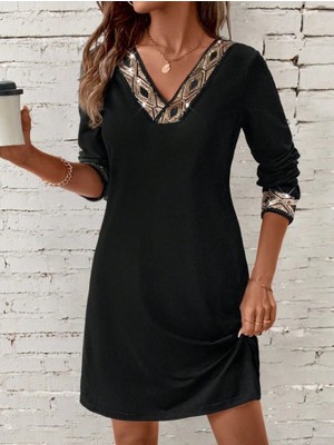 Serac Collection Kadın Uzun Kollu V Yakalı Pulpayet Detaylı Mini Ithal Krep Elbise