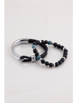 UltraMint Lacivert Hakiki Deri ve Krom Örgülü Erkek Bileklik, Hakitit Taşlı Şıklık