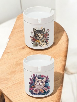 Kedi Baskılı 2'li Küllük Seti, Modern ve Şık Ofis Küllükleri