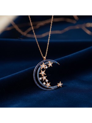 Modahilye 925 Ayar Gümüş Ay Yıldız Hilal Özel Tasarım Rozegold Renk Kolye