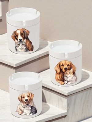 Tatlı Kedi ve Köpek Temalı 3'lü Seramik Küllük Seti