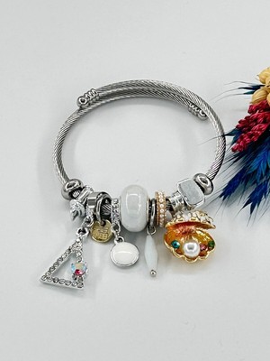 UltraMint Kadın Charmlı Beyaz Istiridye Incili Çelik Bileklik