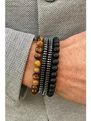 UltraMint Doğal Taş Erkek Bileklik Seti - Hematit, Oniks, Kaplangözü, Dörtlü Takım