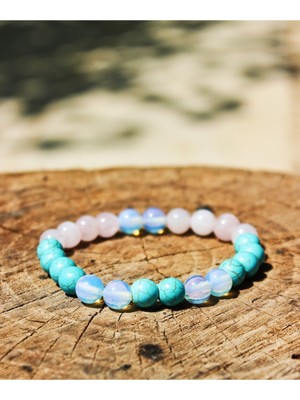 UltraMint Doğal Taş Kadın Bileklik, Ay Taşı, Pembe Kuvars ve Turkuaz Detaylarıyla