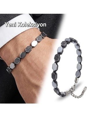 UltraMint Erkek Çelik Bileklik, Zirkon ve Hematit Taşlı, Ayarlanabilir, Şık Tasarım