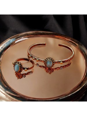 UltraMint El Yapımı Bakır Bilezik ve Yüzük Seti, Doğal Taşlı Takı Koleksiyonu