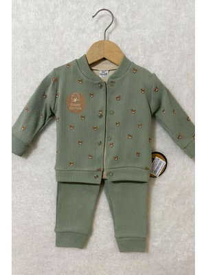 Tuem Baby Tuembaby %100 Pamuk Ayıcık Desenli Hırka+ Uzun Kollu Body+Lastikli Tayt Unisex Bebek Takımı