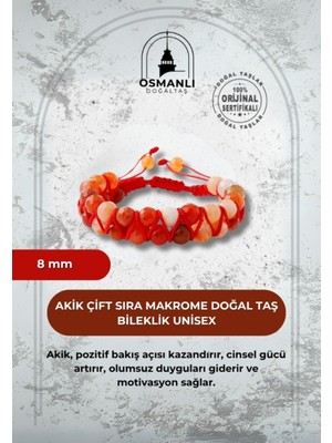 UltraMint 8mm Akik Çift Sıra Makrome Doğal Taş Bileklik, Unisex, Şık ve Zarif Tasarım