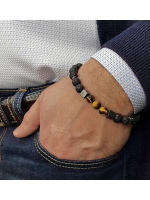 UltraMint Unisex Kaplan Gözü, Lav ve Hematit Taşlı El Yapımı Doğal Bileklik