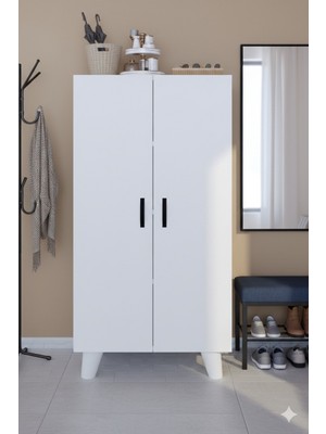 Kzy Mobilya 12R 4 Raflı 2 Kapaklı Ayakkabı Dolabı Ayakkabılık Çok Amaçlı Dolap Kiler Dolabı Erzak Dolabı Beyaz
