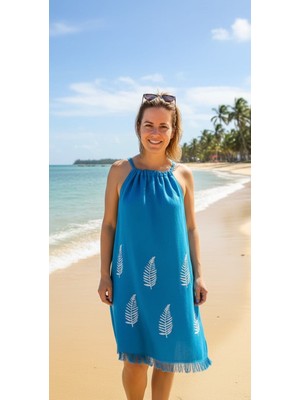 Nevin Acar Petrol Yaprak Bağlamalı Askılı Peştemal Plaj Elbisesi