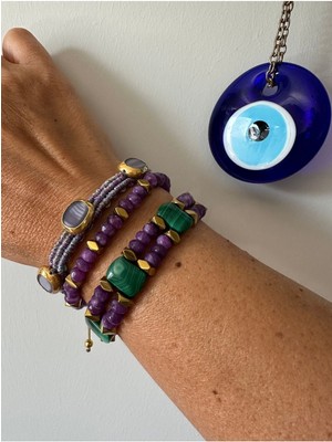 UltraMint El Yapımı Doğal Taş Üçlü Bileklik Seti, Kristal, Malahit ve Hematit ile