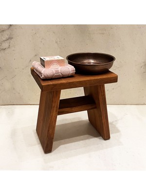 Shark Anatolia Iroko Ahşap Banyo Taburesi Oturak ve Oksit Bakır Hamam Tası Seti