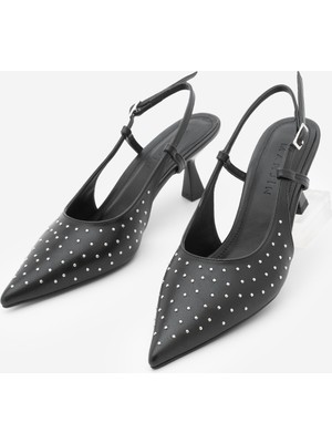 Marjin Kadın Stiletto Sivri Burun Arkası Açık Zımba Detaylı Topuklu Ayakkabı Timon Siyah