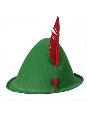 Yeşil Renk Kırmızı Tüylü Peter Pan Şapkası Robin Hood Şapkası 24X23 cm