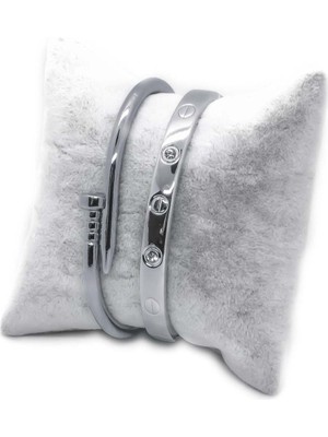 UltraMint Şık Kadın Gümüş Renk Çivi ve Taşlı Bileklik Seti