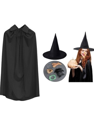Cadı Kostüm Seti 6 Parça - Şapka Pelerin Diş Tırnaklar Çene ve Burun