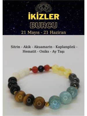 UltraMint Ikizler Burcu Bilekliği, Akik, Sitrin, Akuamarin, Kaplangözü, Hematit, Oniks, Aytaşı