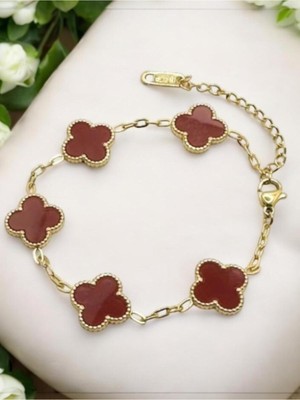 UltraMint Bordo Yonca Desenli Altın Kaplama Şans Bilekliği