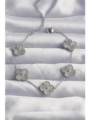 Najmaddin 316L Çelik Gümüş Renk Motifli Yonca Bileklik