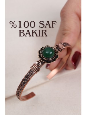 UltraMint Yeşil Akik Taşlı Saf Bakır Otantik Çiçek Figür Bilezik
