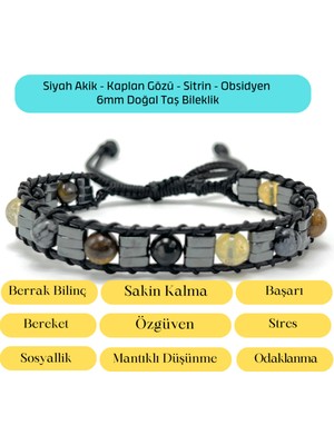 UltraMint Doğal Taş Makrome Bileklik, Sertifikalı Siyah Akik ve Kaplan Gözü ile
