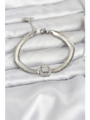 Najmaddin 316L Çelik Gümüş Renk Baget Zirkon Taşlı Yılan Zincirli Kadın Bileklik