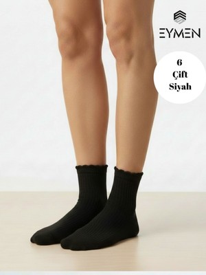 Eymen Socks 6 Çift Düz Siyah Yarım Konç Kadın Çorap Pamuklu Premium Kalite