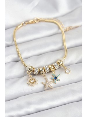 Najmaddin Pirinç Gold Renk Deniz Tema Charmlı Kadın Bileklik