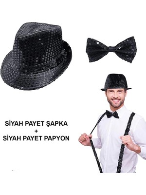 Ttt Siyah Payetli Şapka ve Papyon Seti – Parıltılı Yetişkin Kostüm Seti