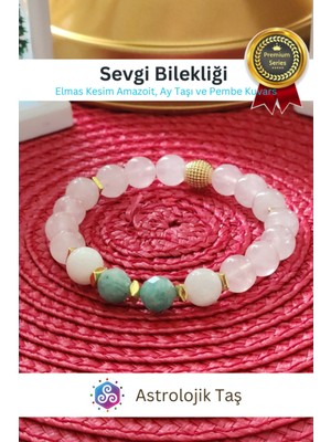 UltraMint Doğal Taş Bileklik, Elmas Kesim Amazoit, Ay Taşı ve Pembe Kuvars