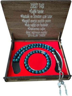 UltraMint Doğal Taş Zoisit Tesbih ve Bileklik Seti, Ahşap Kutu Içinde Özel Tasarım
