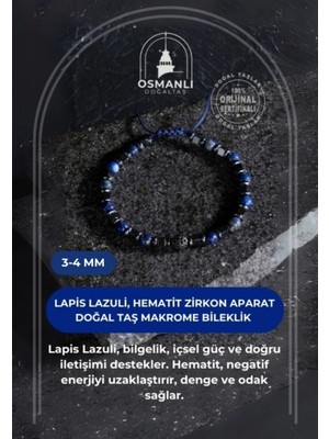 UltraMint Doğal Taş Makrome Bileklik, Sertifikalı Lapis Lazuli, Hematit ve Zirkon