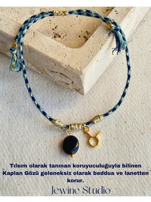 UltraMint Boğa Burcu Simgeli Kaplan Gözü Doğal Taşlı Ip Bileklik