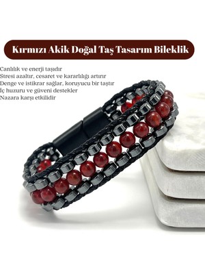 UltraMint Kırmızı Akik Taşlı Erkek Bileklik, Çelik Kilitli, Doğal Taş Tasarımı