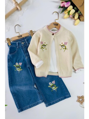 Miniğimin Cicileri Çiçek Nakışlı Örgü Hırkalı Kot Pantolonlu Kız Çocuk 3’lü Takım – Krem