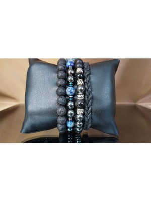 UltraMint Erkek Doğal Taş Bileklik, Lav Taşı, Hematit, Lapis Lazuli, Akik ve Deri