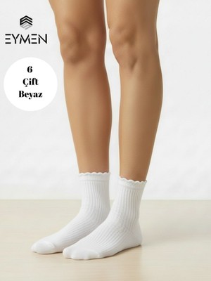 Eymen Socks 6 Çift Düz Beyaz Yarım Konç Kadın Çorap Pamuklu Premium Kalite