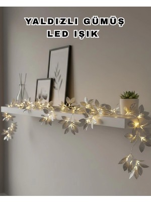 Marsilyan Yaldızlı Gümüş Yaprak LED Işık Pilli Dekoratif Ortam ve Yılbaşı Aydınlatması