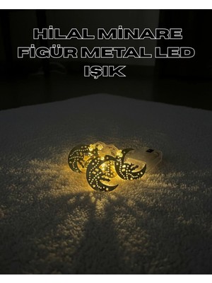 Marsilyan Gold Renk Metal Minareli Hilal LED Işık Pilli Ramazan Süsü
