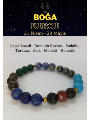 UltraMint Boğa Burcu Bilekliği, Akik, Turkuaz, Hematit, Dumanlı Kuvars, Sodalit, Malakit, Lapis