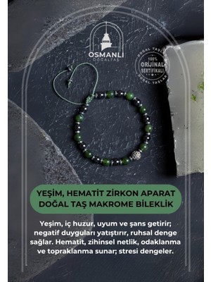 UltraMint Doğal Taş Makrome Bileklik, Sertifikalı Hematit, Yeşim, Zirkon Aparat