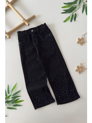 Miniğimin Cicileri Beli Lastikli Taşlı Kız Çocuk Kot Pantolon - Siyah