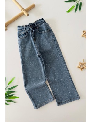 Miniğimin Cicileri Beli Lastikli Taşlı Kız Çocuk Kot Pantolon - Mavi