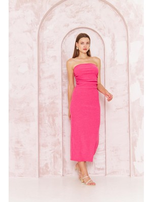 Darlin Moda Kadın Bodycon Straplez Bürümcük Midi Elbise